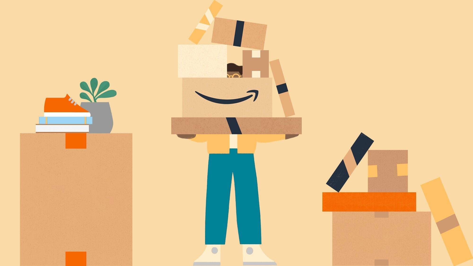 A graphic of a person holding a stack of boxes including an Amazon box.